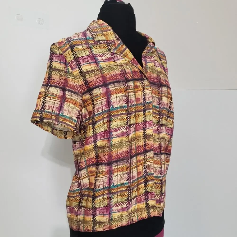 Liz Claiborne 100% Silk Plaid Button Front Top and High Rise Shorts Suit Set 8